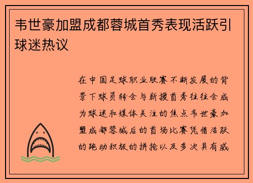 韦世豪加盟成都蓉城首秀表现活跃引球迷热议 韦世豪加盟成都蓉城首秀表现活跃引球迷热议